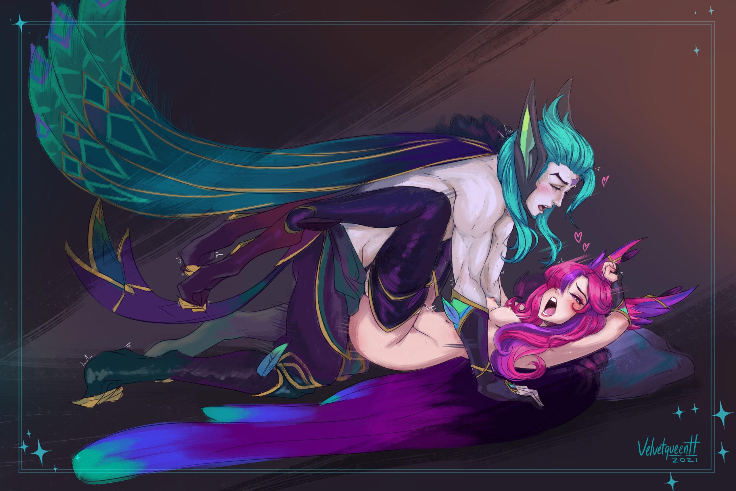 Xayah and Rakan. (VelvetqueenhART)