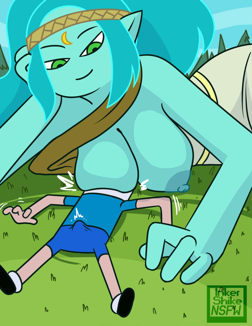 1girl adventure_time areola artist_name big_breasts big_breasts blue_hair blue_skin breast_rest breast_smother breasts breasts_on_head canyon_(adventure_time) cartoon_network cleavage clothing duo erection finn_the_human giantess green_eyes hair inkershike larger_female long_hair lying male nipples shirt size_difference smaller_male smile watermark year_request