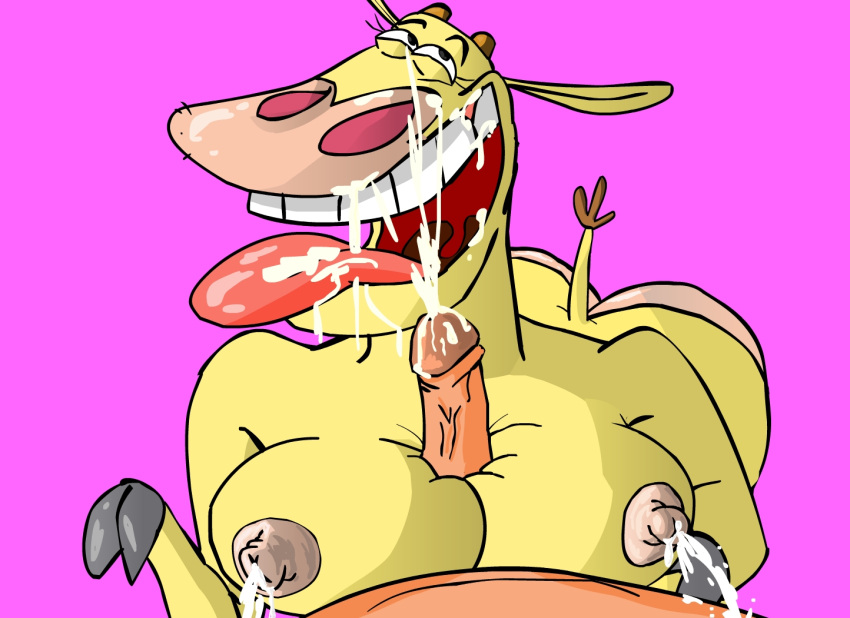 1girl big_breasts bovine breasts cartoon_network cock_worship cow cow_(cow_and_chicken) cow_and_chicken cum cum_in_mouth cum_on_breasts cum_on_face eevo fellatio hooves horn human interspecies lactation licking male messy milk nipples open_mouth oral orgasm paizuri penis pink_background straight tongue tongue_out