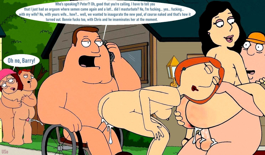 age_difference american_dad barry_robinson bonnie_swanson cartoon_milf chris_griffin crossover cum_inside cumming dialogue family_guy impregnation joe_swanson lois_griffin meg_griffin puffy_pussy red_anus thighjob uso_(artist)