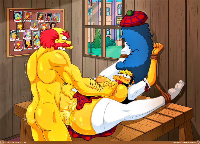 anal ball_gag bdsm blue_hair cartoon_milf erect_nipples erect_penis groundskeeper_willie huge_breasts huge_penis kogeikun marge_simpson missionary shaved_pussy spread_legs stockings the_simpsons thick_thighs yellow_skin