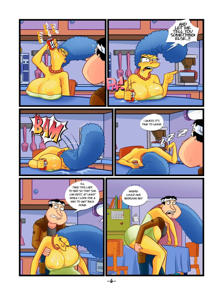 big_breasts blue_hair cartoon_milf comic crossover dialogue drunk family_guy glenn_quagmire huge_breasts kogeikun magumbos marge_simpson milf r**e sleep_molestation the_simpsons whoa_look_at_those_magumbos yellow_skin