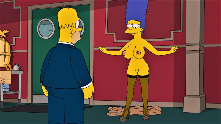 big_breasts cartoon_milf erect_nipples high_heels homer_simpson huge_breasts marge_simpson nude pussy shaved_pussy stockings the_simpsons thighs whoa_look_at_those_magumbos