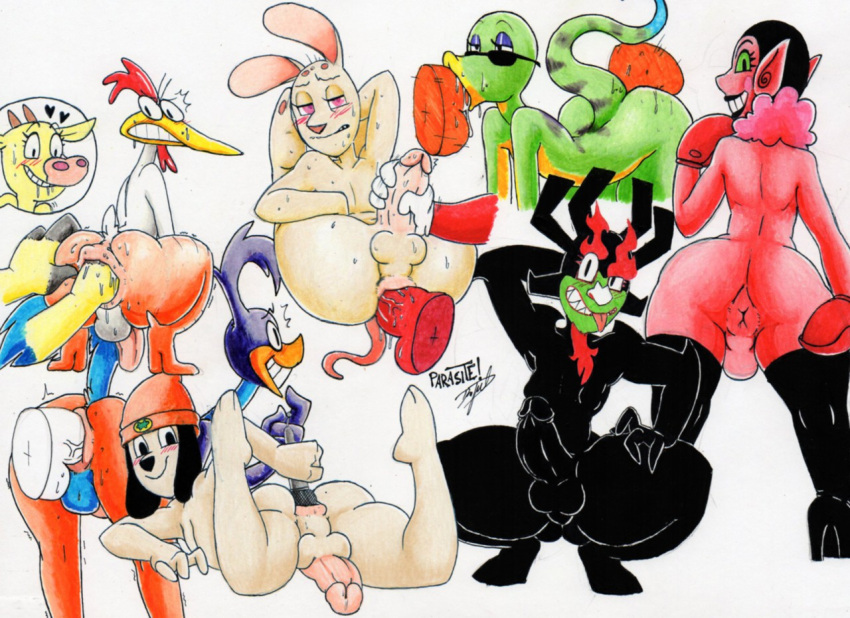 <3 1girl aku anal anthro anus balls black_body cartoon_network cow cow_(character) cow_and_chicken crossover demon dog erection fellatio fisting gex_(series) gex_the_gecko goatee him lizard looney_tunes male nickelodeon oral parappa parappa_the_rapper parasitedeath penis powerpuff_girls ren_and_stimpy ren_hoek road_runner_(looney_tunes) roadrunner samurai_jack soft_feathers spitroast straight