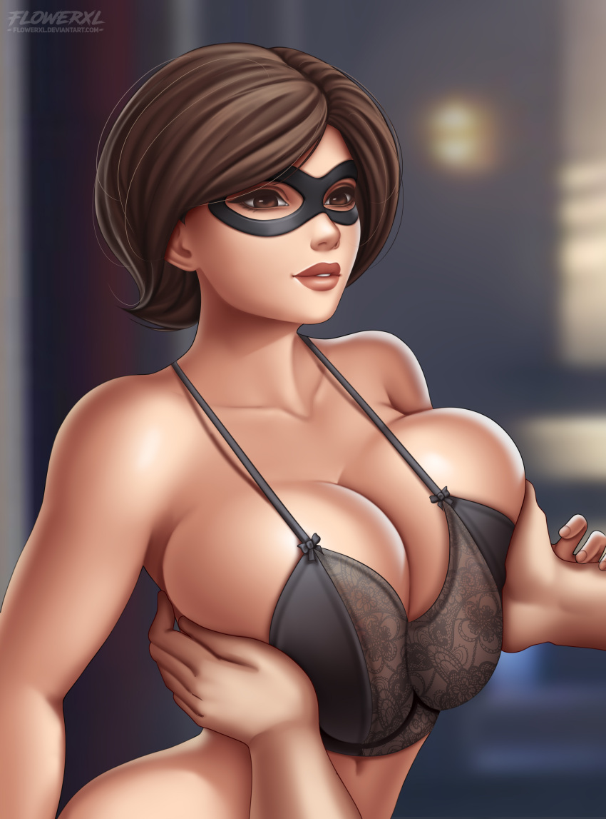 1boy 1girl 1girl big_breasts big_breasts breast_grab breast_press breasts breasts cartoon_milf choker cleavage clothed_female deep_cleavage disney domino_mask elastigirl erect_nipples_under_clothes flowerxl full_cleavage helen_parr high_res huge_breasts male male/female mask mature mature_female milf nipple_bulge patreon patreon_paid patreon_reward pixar pleasure_face pokies short_hair superheroine the_incredibles