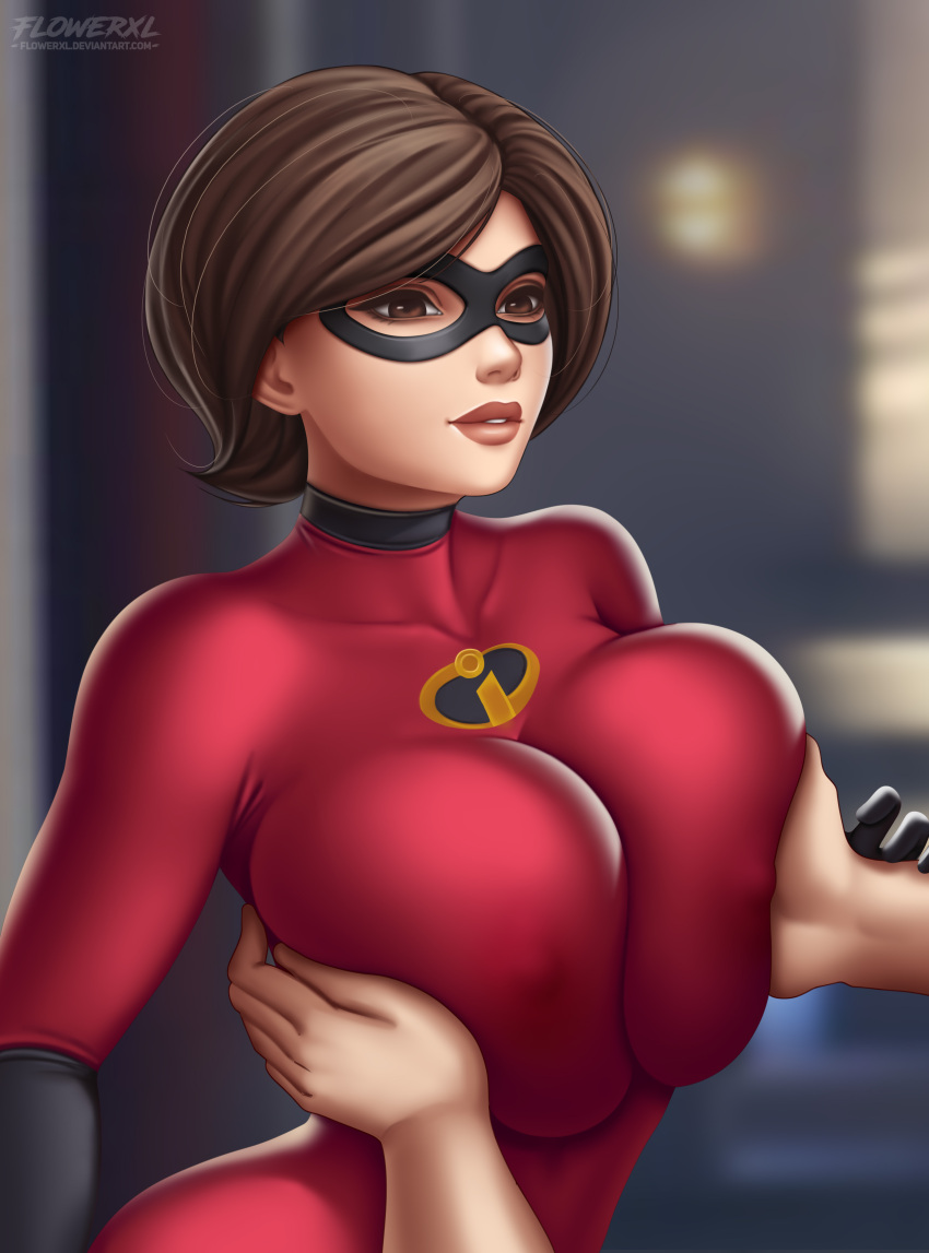 1boy 1girl 1girl big_breasts big_breasts bodysuit breast_grab breast_press breasts breasts cartoon_milf choker cleavage clothed_female deep_cleavage disney domino_mask elastigirl erect_nipples_under_clothes flowerxl full_cleavage helen_parr high_res huge_breasts male male/female mask mature mature_female milf nipple_bulge patreon patreon_paid patreon_reward pixar pleasure_face pokies short_hair superheroine the_incredibles