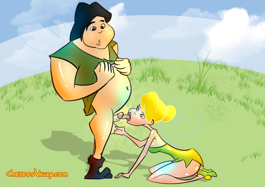 1girl 1guy black_hair blonde_hair blue_eyes brown_eyes cartoonvalley.com clank disney disney_fairies fairy fat fellatio grass kneeling long_hair looking_down looking_up navel oral outdoors partially_clothed penis_lick peter_pan tinker_bell