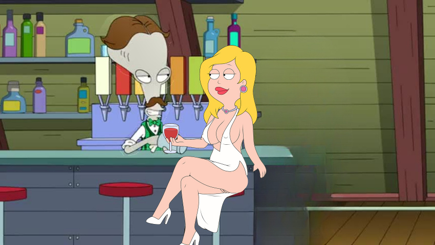 american_dad big_breasts blonde_hair cartoon_milf cleavage francine_smith roger_(american_dad) rogers_attic_(location) rogers_place_(bar)