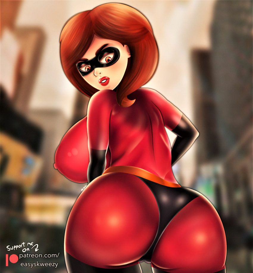 ass bodysuit cartoon_milf easyskweezy erect_nipples_under_clothes helen_parr huge_breasts looking_back mask nipples_visible_through_clothing sideboob the_incredibles thighs