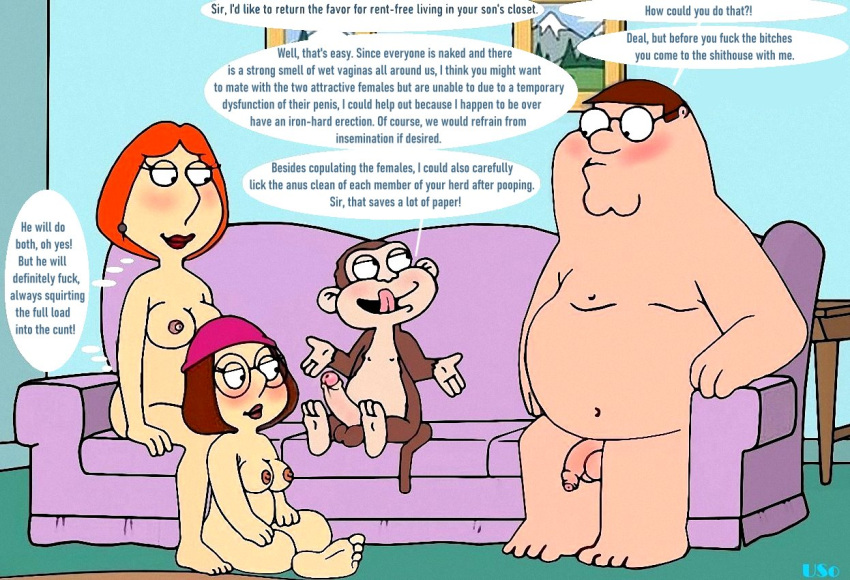 ass cartoon_milf cheating_wife dialogue evil_monkey family_guy imminent_sex lois_griffin meg_griffin monkey peter_griffin puffy_pussy red_ass uso_(artist) wet_pussy