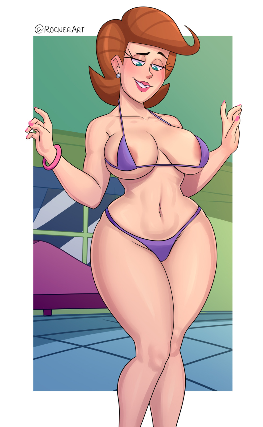 1girl big_breasts bikini bracelet brown_hair cartoon_milf clothed earrings exposed_nipples green_eyes grin light-skinned_female light_skin long_hair looking_down micro_bikini milf nail_polish navel nickelodeon pink_nail_polish purple_bikini rocner smile swimsuit the_fairly_oddparents thicc thick_thighs thong_bikini timmy's_mom wide_hips