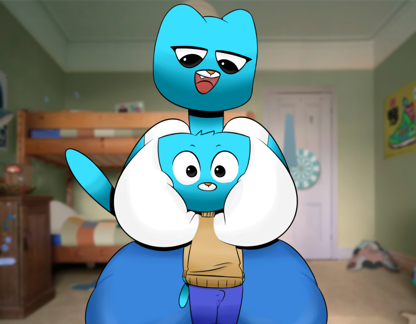 2018 anthro big_breasts blue_fur breasts bulge cartoon_milf cartoon_network cat clothed clothing digital_media_(artwork) feline feline_humanoid furry gumball_watterson head_between_breasts huge_breasts incest mammal mother_&_son nicole_watterson open_mouth sweepyy teeth the_amazing_world_of_gumball tongue