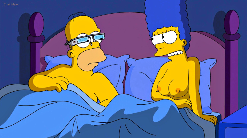 big_breasts cartoon_milf chainmale homer_simpson marge_simpson the_simpsons yellow_skin