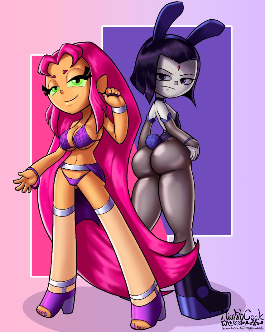 2_girls 2girls alien alien_girl ass bikini boots breasts bunny bunny_costume bunny_ears bunny_girl bunny_tail bunnysuit cartoon_network dat_ass dc dc_comics duo duo_female duo_focus female female_only green_eyes grey_skin high_heels koriand'r leggings legwear long_hair long_hair_female looking_at_viewer mightycock nail_polish orange_skin painted_nails pink_hair purple_eyes purple_hair rabbit_tail rachel_roth raven_(dc) skirt slut slutty_outfit starfire stockings teen_titans teen_titans_go