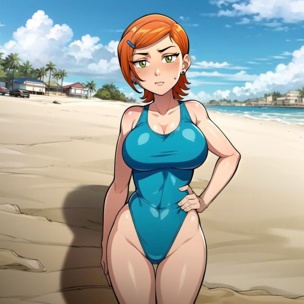 Cartoon Porn – 1girl aged up ai generated beach ben 10 big breasts blue one-piece swimsuit