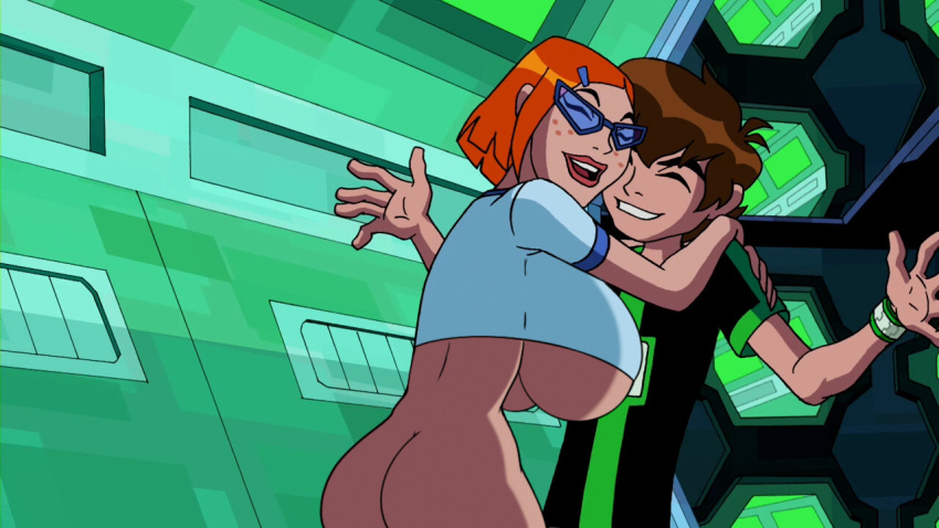 1boy 1girl accurate_art_style ass ben_10 ben_10:_omniverse ben_tennyson big_ass big_breasts bottomless brown_hair bursting_breasts cartoon_network cling closed_eyes cousins crop_top dat_ass edit freckles freckles_on_face glasses grin gwen_tennyson hairclip huge_breasts hugging indoors male nerota no_bra no_panties no_underwear omnitrix orange_hair png red_hair screencap screenshot screenshot_edit shirt shirt_only short_hair smile standing teen tight_clothing topwear under_boob wristwatch