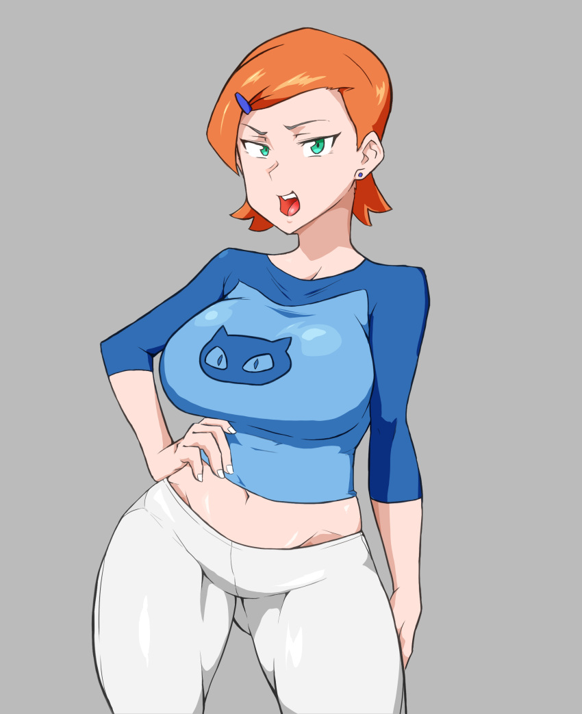 1girl aged_up belly_shirt ben_10 breasts cartoon_network clothed clothing earrings green_eyes gwen_tennyson hair_ornament hand_on_hip huge_breasts jewelry looking_at_viewer medium_breasts midriff navel open_mouth orange_hair pants sassy shirt shirt_up short_hair teen wide_hips yuujiro