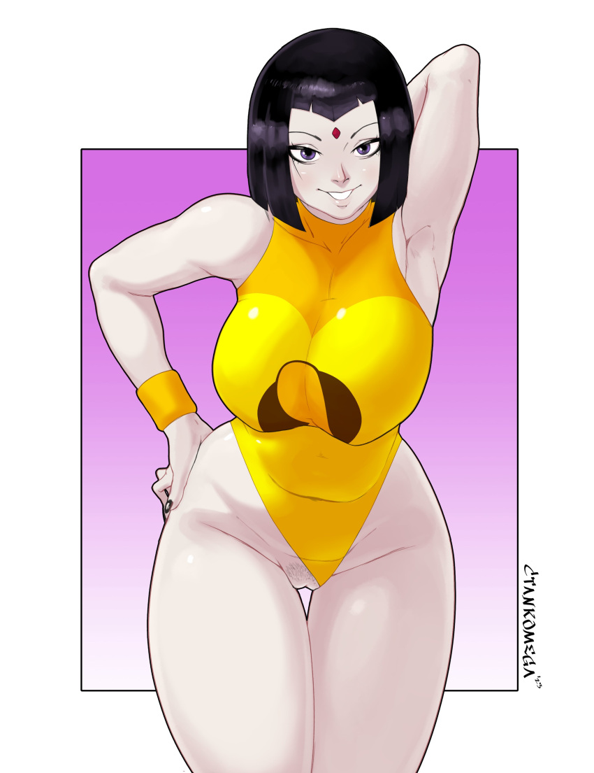 1girl arm_behind_head bare_shoulders big_breasts black_nails cartoon_network ctankomega dc female hand_on_hip lady_legasus leaning_forward leotard leotard_aside pale_skin pubic_hair purple_eyes purple_hair rachel_roth raven_(dc) short_hair smile solo standing teen_titans teen_titans_go wide_hips wristband yellow_leotard young_adult