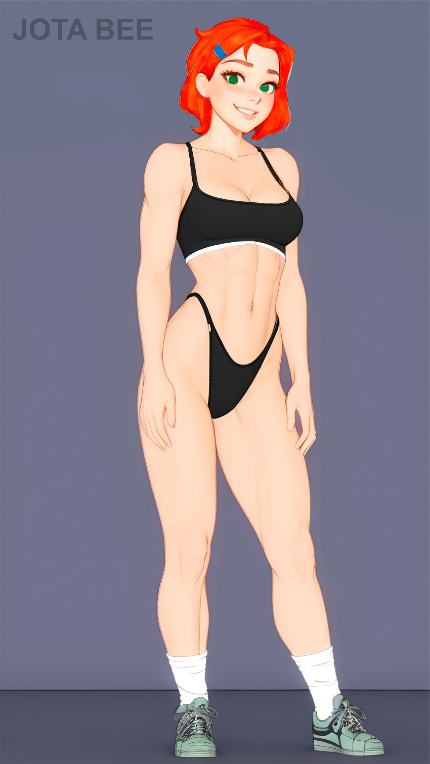 1girl aged_up ai_generated athletic athletic_female ben_10 black_bra black_panties black_underwear bra breasts cartoon_network cleavage fit_female green_eyes gwen_tennyson gym jotabee legs navel orange_hair panties red_hair shoes socks sports_bra standing teen underwear