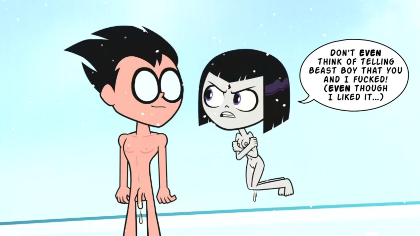 1boy 1girl after_sex angry arms_crossed artist_request balls barefoot beach black_hair breasts cartoon_network cheating cheating_girlfriend cold cum cum_drip cum_on_penis cum_on_pussy dc_comics dick_grayson edit english_text feet flaccid floating grey_skin legs light-skinned_male light_skin looking_at_another mask navel nipples nude nude_filter outside penis purple_eyes pussy rachel_roth raven_(dc) robin screenshot_edit short_hair snow speech_bubble spiky_hair standing teen_titans teen_titans_go text