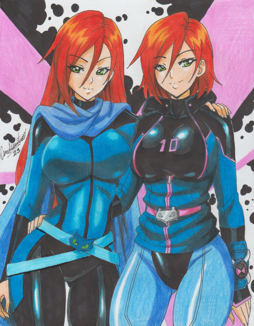 2023 2_girls aged_up ben_10 big_breasts cartoon_network color female_only future_gwen_tennyson green_eyes gwen_10 gwen_tennyson pencil_(artwork) ravern_clouk red_hair tagme tight_clothing time_paradox