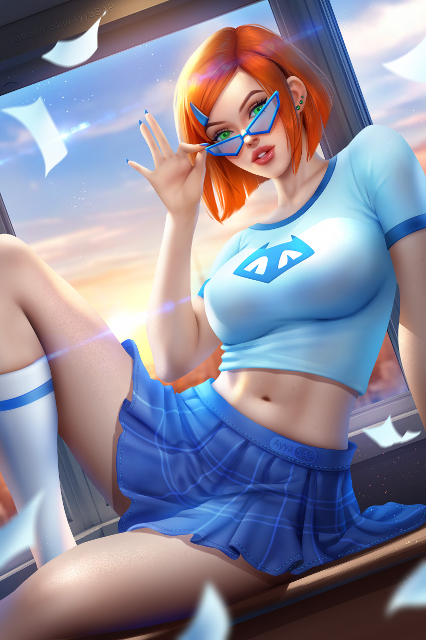 1girl absurd_res adjusting_eyewear adjusting_glasses arm_support ayyasap ben_10 ben_10:_omniverse big_breasts blue_clothes blue_clothing blue_shirt blue_skirt bob_cut breasts cartoon_network clothed clothed_female clothes clothing desk female_focus female_only fit fit_female freckles ginger ginger_hair glasses green_eyes gwen_tennyson gwen_tennyson_(omniverse) high_res high_resolution knee_socks laying_on_desk laying_on_side light-skinned_female light_skin mature mature_female midriff navel orange_hair parted_lips patreon patreon_paid patreon_reward pleated_skirt red_lips red_lipstick shirt short_hair shoulder_length_hair skirt socks solo_female solo_focus stomach thighs toned toned_female toned_stomach very_high_resolution white_socks