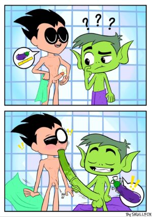Cartoon Porn – 2boys accidental fellatio bathroom beast boy black eyes black hair blush
