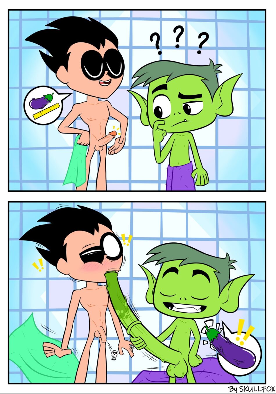 Cartoon Porn – 2boys accidental fellatio bathroom beast boy black eyes black hair blush
