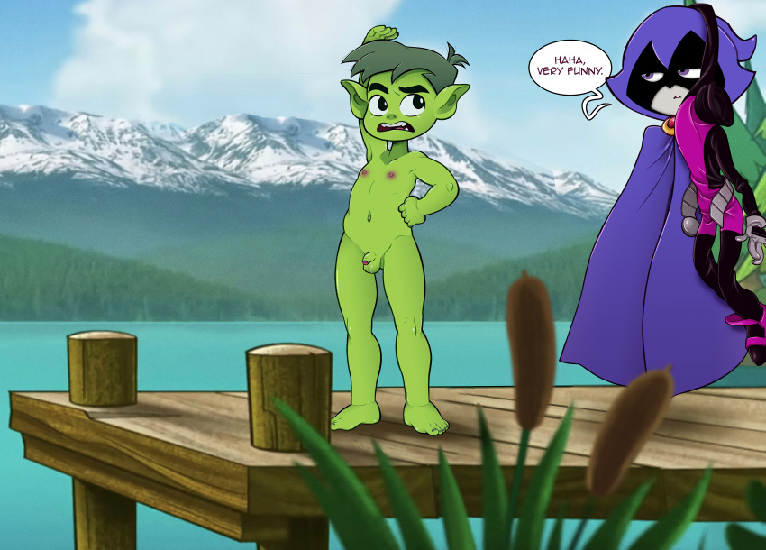 1boy 1girl beast_boy cartoon_network cloak dc_comics dock embarrassed embarrassed_nude_male enf-lover garfield_logan lake mountains nipples nude penis rachel_roth raven_(dc) small_penis small_penis_humiliation tagme teen teen_titans teen_titans_go testicles uniform water
