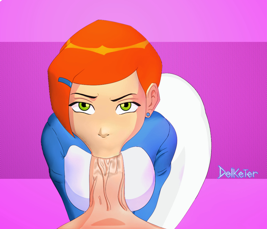 1boy 1girl ben_10 big_ass big_breasts cartoon_network delketer fellatio green_eyes gwen_tennyson light_skin oral orange_hair red_hair