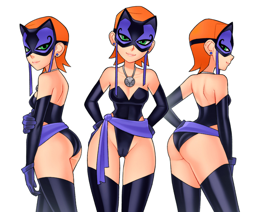 1girl aged_up ben_10 breasts cameltoe cartoon_network crotch ear_piercing gloves green_eyes gwen_tennyson legs leotard loodncrood lucky_girl mask orange_hair purple_clothing purple_leotard small_breasts teen thighs