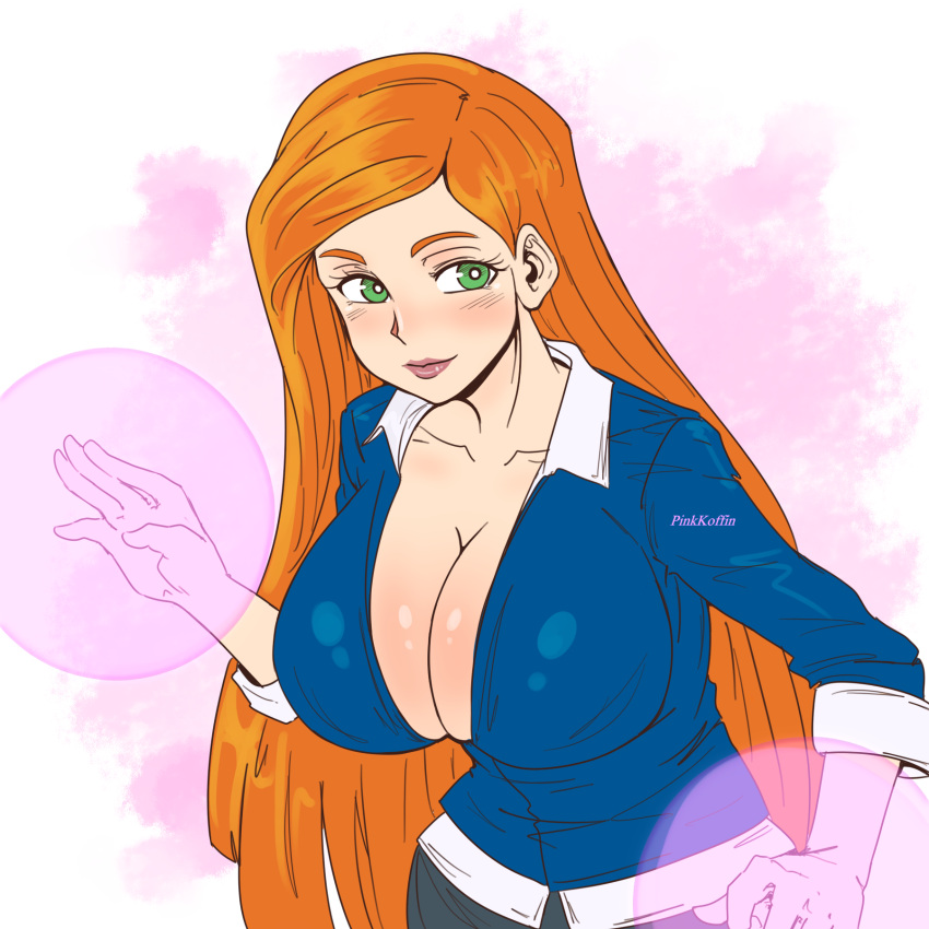 1girl 1girl 1girl alternate_breast_size ben_10 ben_10:_alien_force big_breasts big_breasts black_skirt cartoon_network cleavage clothed female_only green_eyes gwen_tennyson high_res huge_breasts long_hair orange_hair pencil_skirt pinkkoffin red_hair skirt tight_clothing