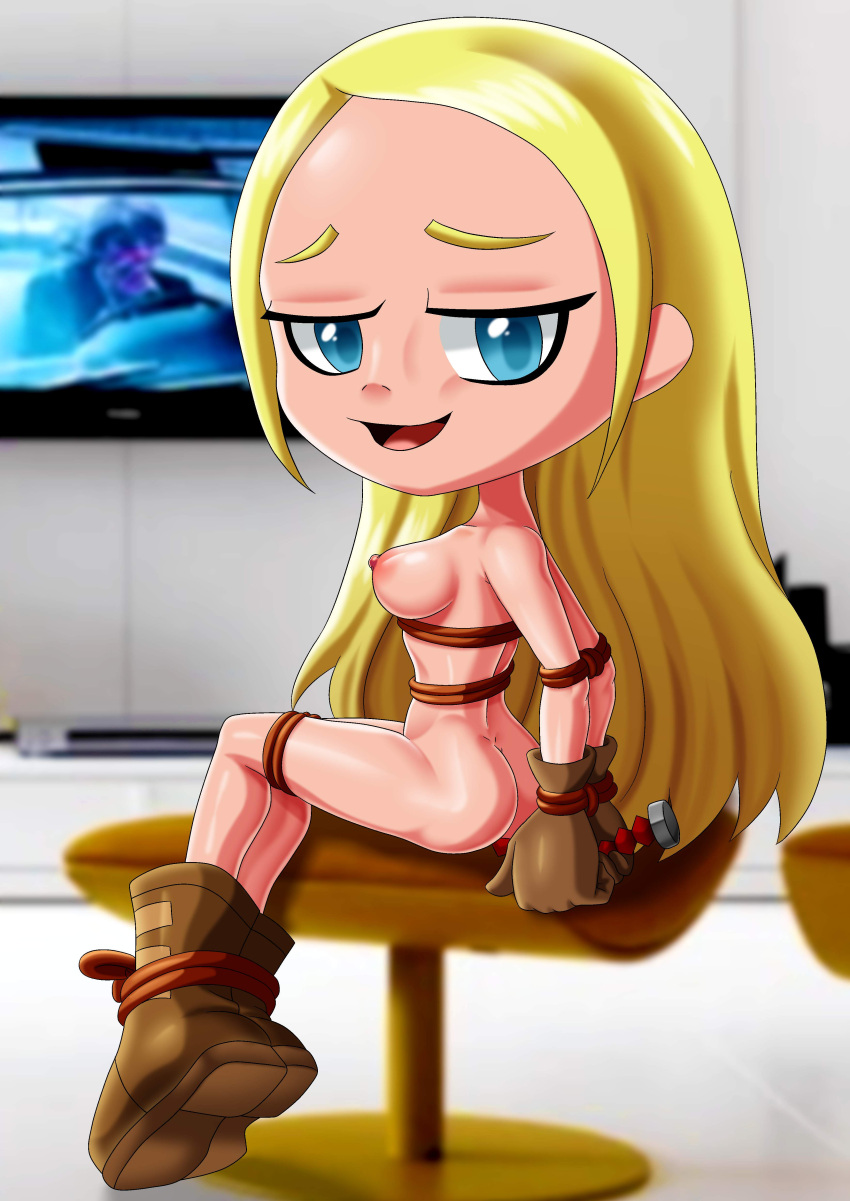 1girl 1girl 1girl ass bbmbbf blonde_female breasts cartoon_network dc_comics female_only nipples nude open_mouth palcomix rope rope_bondage tara_markov teen_titans teen_titans_go terra tongue