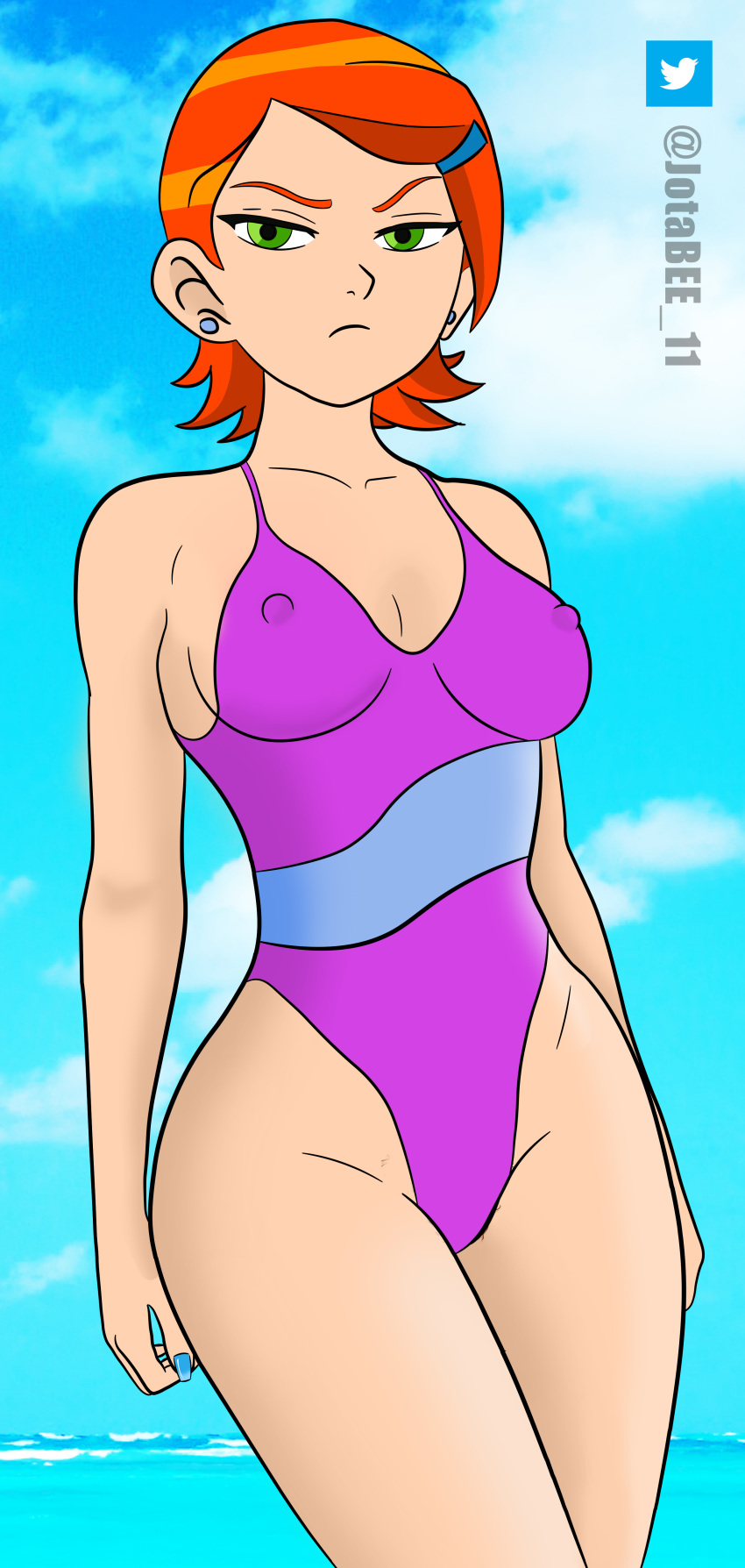 beach ben_10 cartoon_network green_eyes gwen_tennyson jotabee one-piece_swimsuit red_hair swimsuit tagme