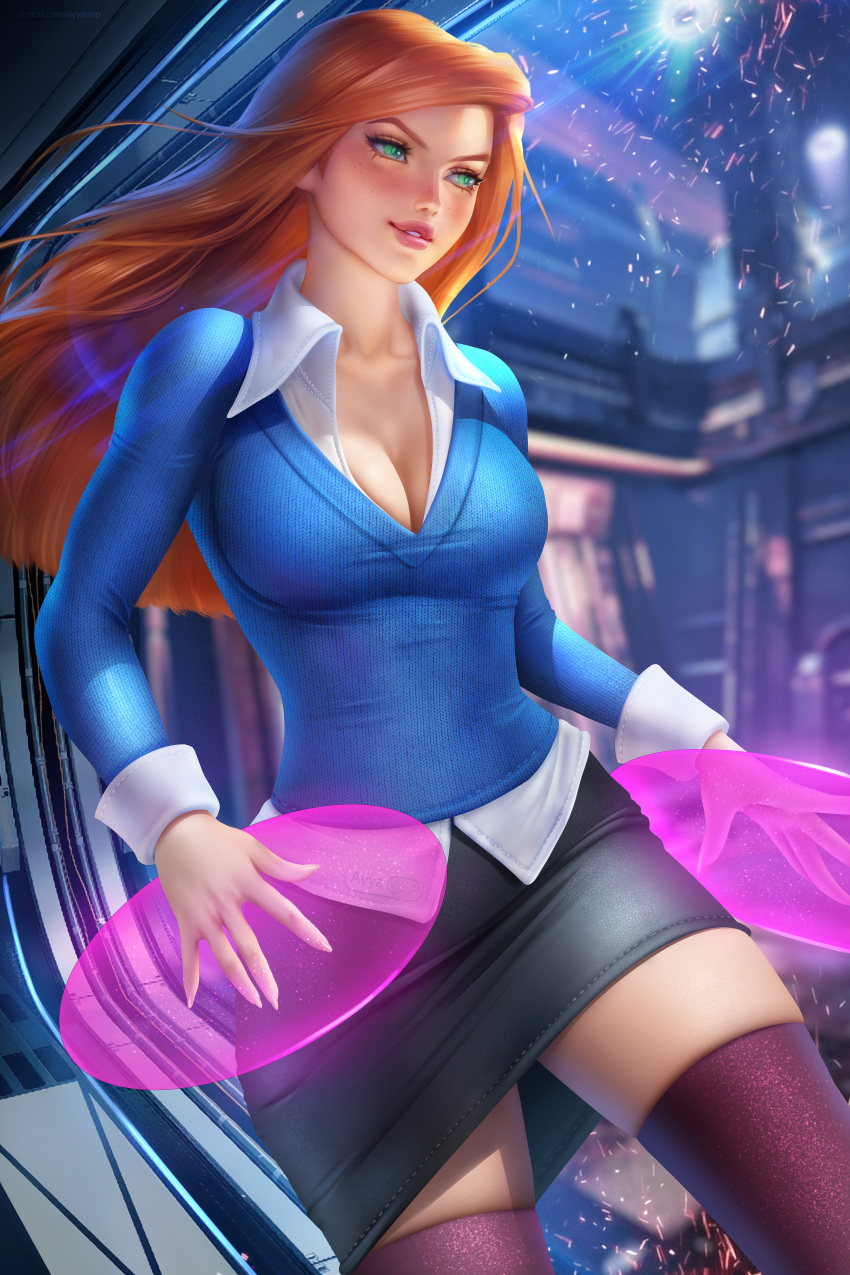 1girl action_pose ayyasap ben_10 ben_10:_alien_force big_breasts blue_clothes blue_clothing blue_skirt blue_sweater breasts cartoon_network cleavage clothed clothing female_focus female_only freckles ginger ginger_hair green_eyes gwen_tennyson gwen_tennyson_(alien_force) hips light-skinned_female light_skin long_hair magic magic_user magical_girl orange_hair pencil_skirt purple_thighhighs red_hair shirt skirt slim_girl slim_waist solo_female solo_focus stockings sweater thick_thighs thighs white_shirt wide_hips