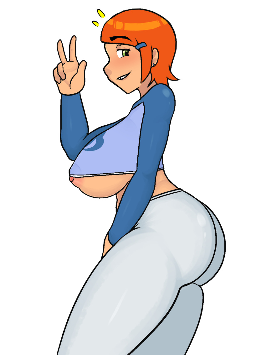 ben_10 big_ass big_ass big_breasts breasts cartoon_network dat_ass erect_nipples green_eyes gwen_tennyson nipples orange_hair simple_background smiling_at_viewer steca thelazyart v