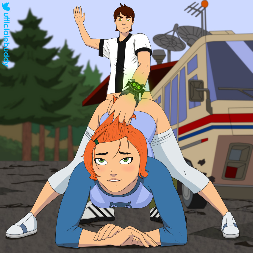 ben_10 ben_tennyson bent_over cartoon_network cousins from_behind gwen_tennyson hair_pull incest jack-o_pose ufficialebuddy