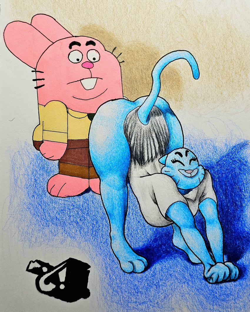 1boy 1girl canon_couple cartoon_network feline female husband_and_wife lagomorph male male/female married_couple marthancrowl nicole_watterson rabbit richard_watterson skirt stretching stunned tail the_amazing_world_of_gumball thighs