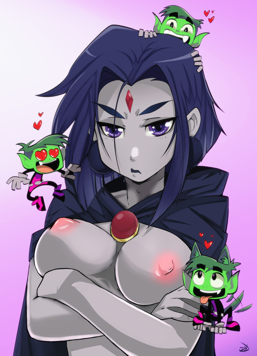 beast_boy cartoon_network cleavage crossed_arms dc_comics deluxdrawing edit garfield_logan grey_skin huge_breasts multiple_poses nipples purple_eyes rachel_roth raven_(dc) teen_titans teen_titans_go