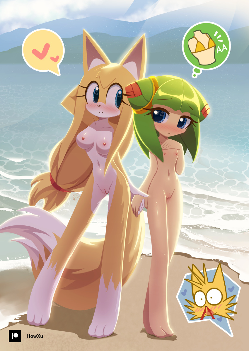 1boy 2girls 4kids_entertainment beach big_breasts boomerang_(tv_network) breasts cartoon_network cosmo_the_seedrian crossover female furry furry_only howxu looking_at_viewer male miles_"tails"_prower nose_bleed nude sega shy small_breasts smiling_at_viewer sonic_(series) sonic_boom sonic_the_hedgehog_(series) sonic_x tms_entertainment yiff zooey_the_fox