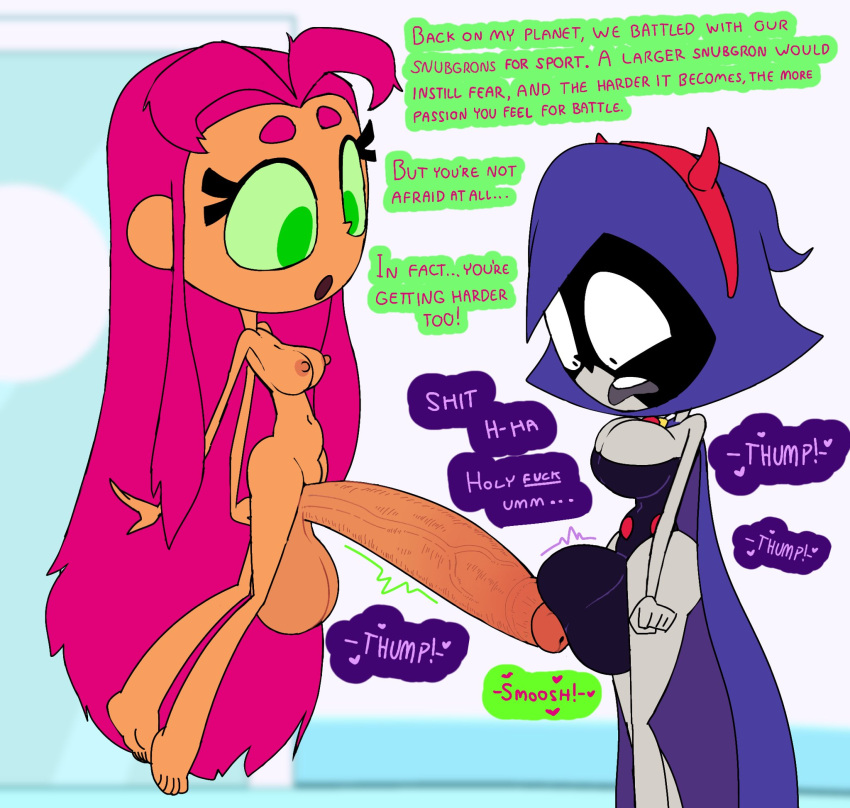 2023 2futas alien alien_futa balls balls_on_penis big_balls big_breasts big_penis breasts bulge cartoon_network casual chibi circumcised cleavage cloak clothed clothing comic dc demon demon_horns demoness dialogue duo english_text erection frottage futa_only futanari grey_skin huge_balls huge_cock human humanoid humanoid_penis intersex large_penis mostly_clothed nude older older_female oogabutt outerwear pale_skin penis penis_size_difference penises_touching purple_hair raven_(dc) standing starfire tamaranean teen_titans teen_titans_go text unaware voluptuous warner_brothers young_adult young_adult_female young_adult_woman
