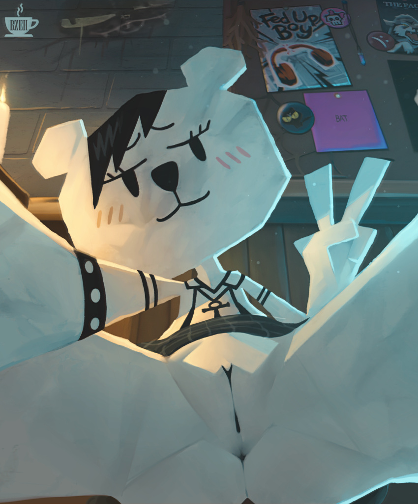 1girl 1girl 2025 4_fingers alternative_fashion ankh ankh_necklace anthro anus bear blush blush_lines bracelet bzeh candle cartoon_network detailed_background emo_haircut fingers genitals gesture goth hand_gesture high_res jewelry mammal necklace paper_creature poster selfpic signature slim spread_legs spreading teri_(tawog) text the_amazing_world_of_gumball v_sign vulva young