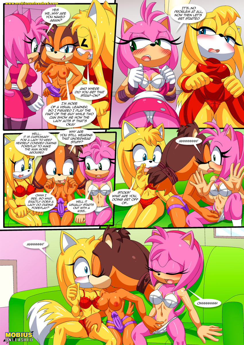 3girls amy_rose anthro badger bbmbbf blush boomerang_(tv_network) breasts cartoon_network comic dialogue female female/female female_only fox french_kiss hedgehog interspecies jungle_badger kissing masturbation mobian_(species) mobius_unleashed nipples nude palcomix pussy releasing_your_inner_wild_side_(comic) sega sex sex_toy sonic_(series) sonic_boom sonic_the_hedgehog_(series) speech_bubble sticks_the_badger sticks_the_jungle_badger strap-on threesome yuri zooey_the_fox
