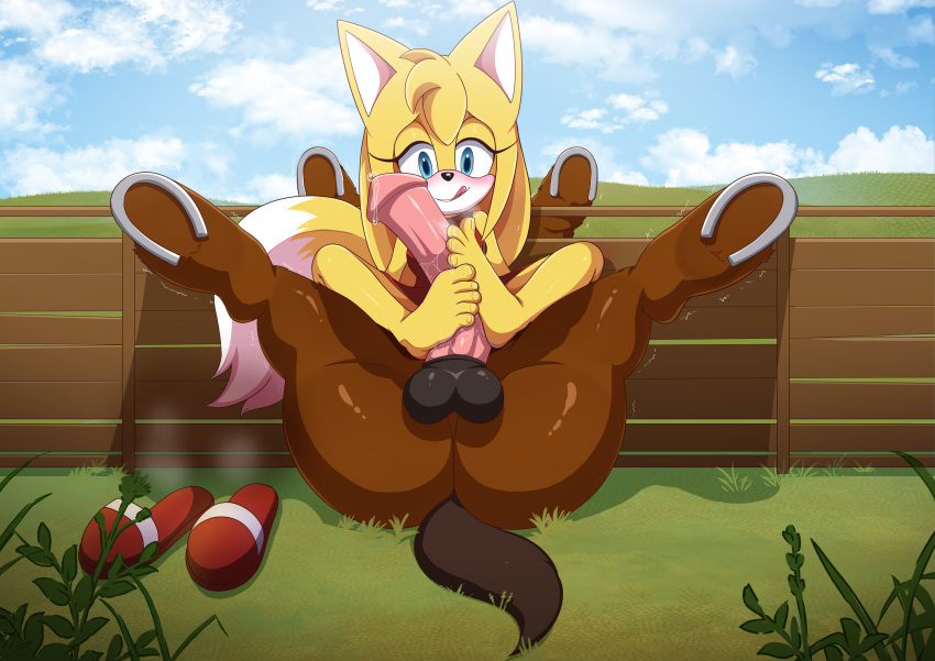 1boy 1girl balls big_penis boomerang_(tv_network) cartoon_network curved_to_the_right_penis female foot_fetish footjob fox fox_girl male mobian mobian_(species) mobian_fox penis project_x_love_potion_disaster sonic_(series) sonic_boom sonic_the_hedgehog_(series) the_dark_mangaka wild_horse_(project_x) zooey_the_fox