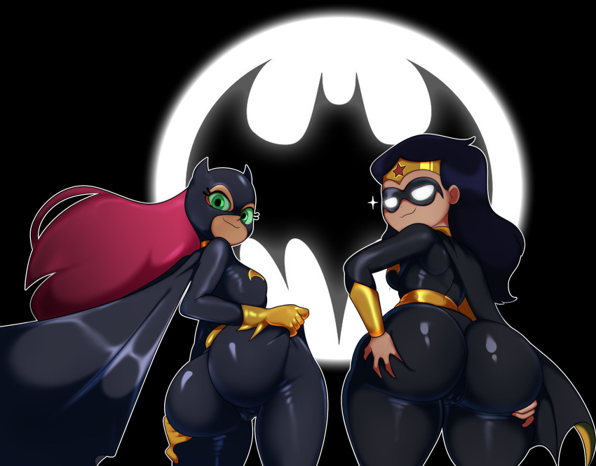 2d 2girls alien alien_girl alien_humanoid ass ass_grab ass_view bat_signal batman_(cosplay) batman_(series) batsuit big_ass black_background black_clothing black_hair bodysuit bubble_butt cameltoe cape cartoon_network clothed clothed_female clothing color cosplay dat_ass dc dc_comics duo eyelashes fat_ass female female_only full_color fully_clothed gloves grabbing_own_ass green_eyes green_sclera groping hands_on_ass hands_on_own_ass happy headgear huge_ass humanoid humanoid_onlylarge_ass latex latex_suit light long_eyelashes long_gloves long_hair long_hair_female looking_at_viewer looking_back looking_back_at_viewer mask multiple_girls non-nude oddrich rear_view red_hair shiny_clothes smile standing starfire starfire_(teen_titans_go) tamaranean teen_titans teen_titans_go thick_ass thick_thighs tight_clothing vambraces warner_brothers white_eyes wide_hips wonder_woman wonder_woman_(teen_titans_go) young_adult young_adult_female young_adult_woman