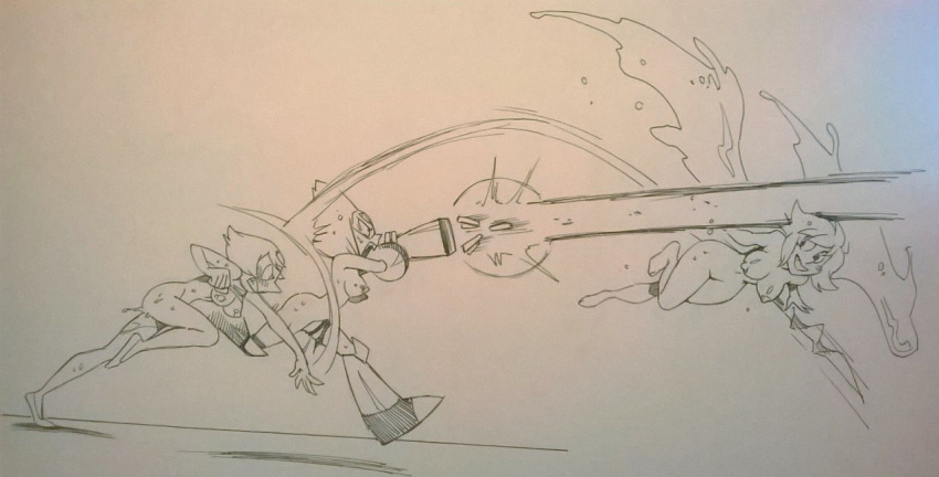 3girls alien alien_humanoid angry black_and_white blush breasts cartoon_network clothing female gem_(species) group humanoid lapis_lazuli_(gem_species) lapis_lazuli_(steven_universe) laser limb_enhancers melee_weapon monochrome nipples not_furry nude open_mouth pearl pearl_(steven_universe) peridot_(steven_universe) polearm running smile spear steven_universe torn_clothing traditional_media_(artwork) twistedterra water weapon wet winged_humanoid wings