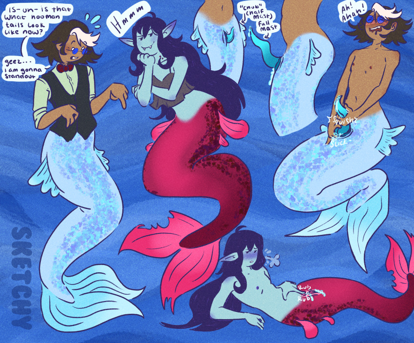 1boy 1girl adventure_time adventure_time:_fionna_&_cake cartoon_network clothed female genital_fluids genitals hbo_max male marceline marceline_abadeer marceline_the_vampire_queen masturbation merfolk mermaid mermaid_tail nude nude_female nude_male simon_petrikov sketchventures solo_focus tentacle tentacle_on_male text text_bubble underwater