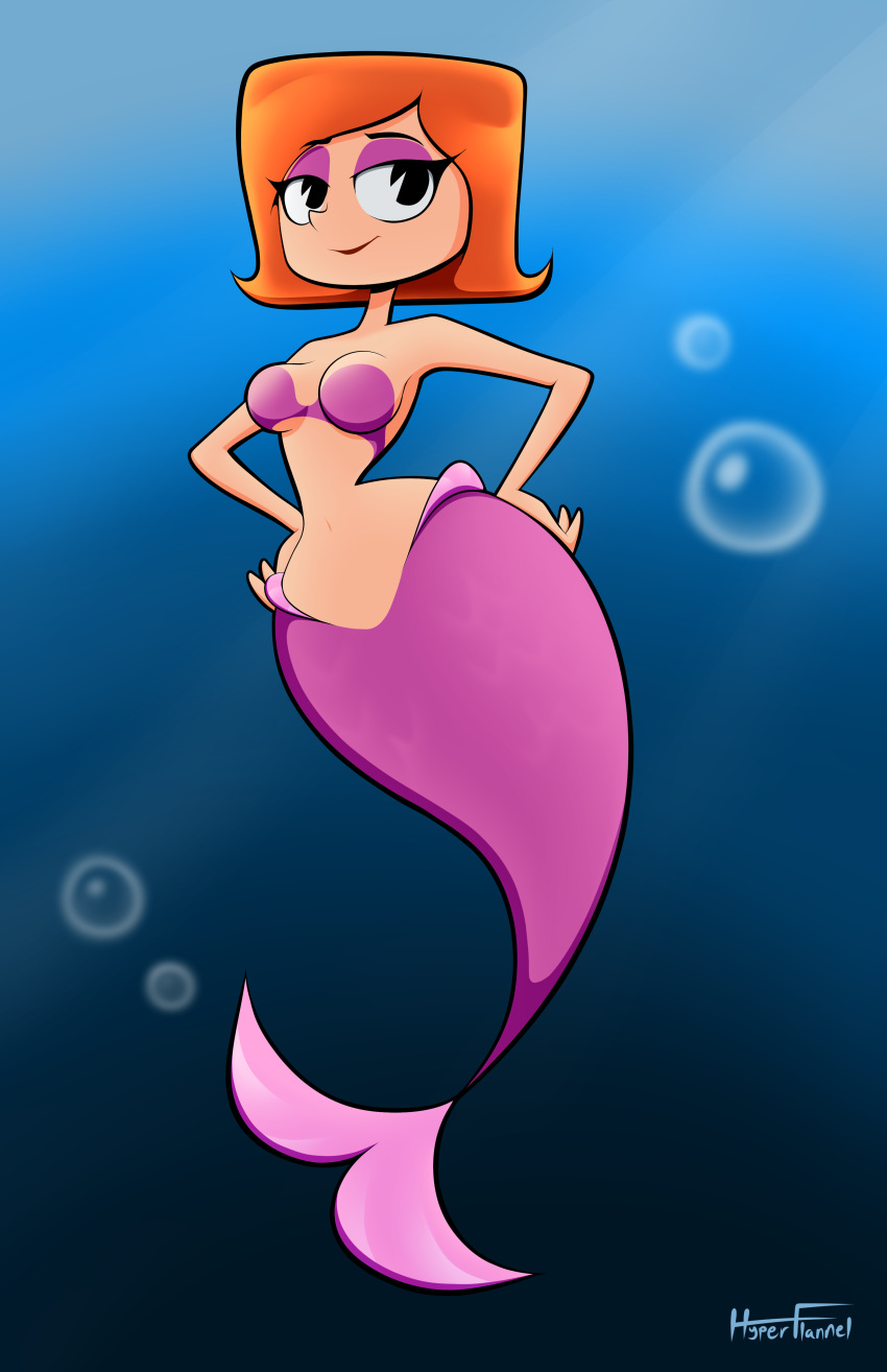 1girl cartoon_network cleavage debbie_turnbull female female_only fish_tail hourglass_figure hyperflannel merfolk mermaid midriff milf pac-man_eyes pink_tail png robotboy signature smirk smirking smirking_at_viewer smug_expression smug_face solo underwater water wide_hips