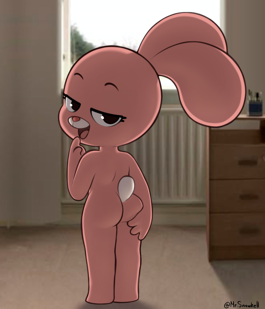 1girl 2025 absurd_res anais_watterson anthro ass bedroom_eyes cartoon_network day detailed_background female hand_on_butt high_res inside lagomorph leporid looking_at_viewer looking_back looking_back_at_viewer mammal mr_snowkell narrowed_eyes naughty_face nude open_mouth pink_body rabbit rear_view seductive smile solo standing tail textless the_amazing_world_of_gumball window young young_anthro young_female