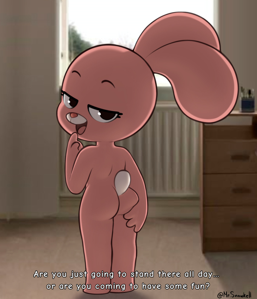 1girl 2025 absurd_res anais_watterson anthro ass bedroom_eyes cartoon_network day detailed_background dialogue english_text female high_res inside inviting lagomorph leporid looking_at_viewer looking_back looking_back_at_viewer mammal mr_snowkell narrowed_eyes naughty_face nude open_mouth pink_body rabbit rear_view seductive smile solo standing tail talking_to_viewer text the_amazing_world_of_gumball window young young_anthro young_female